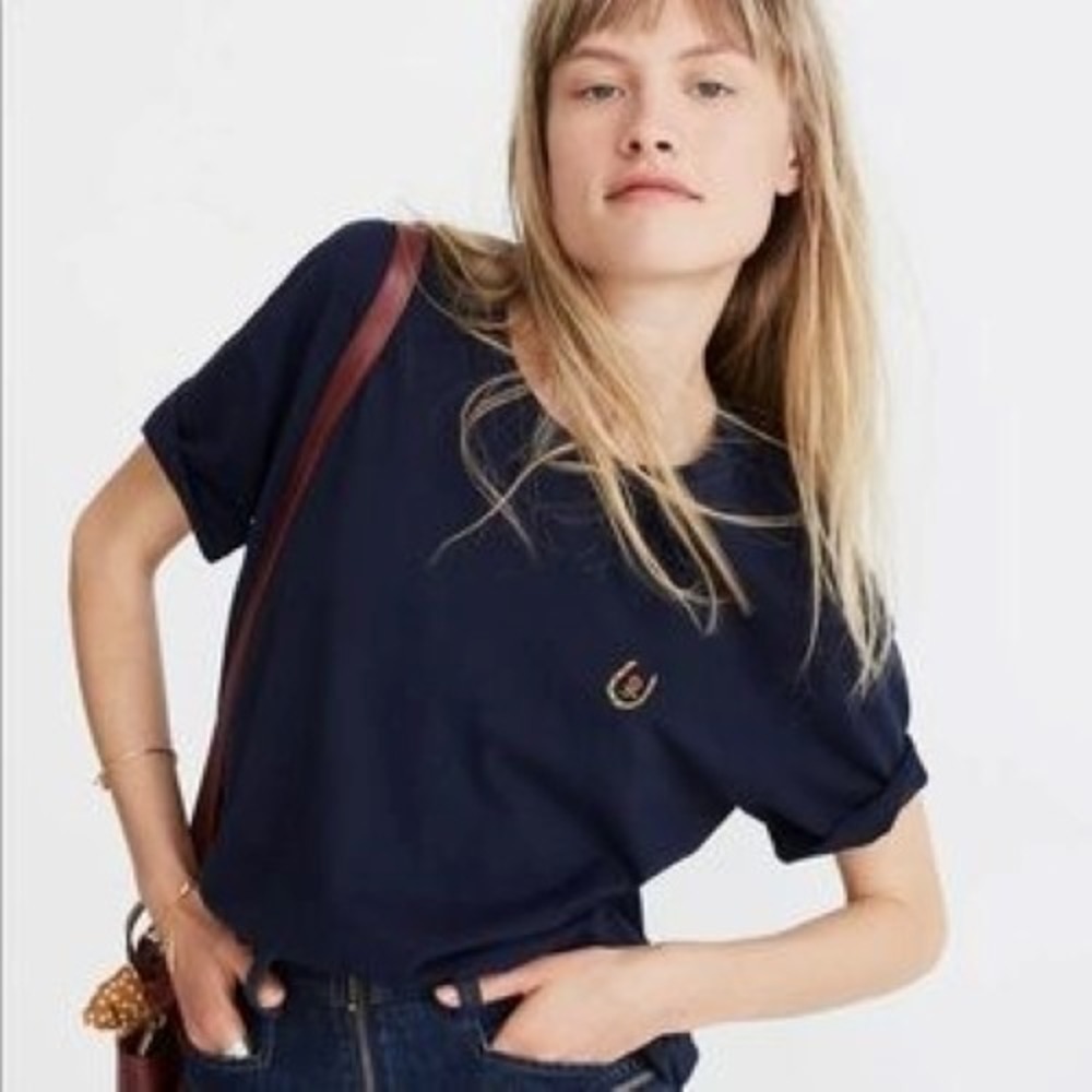 Madewell X Karen Walker T-Shirt Womens Navy Blue Embroidered Horseshoe‎ Top - XS
